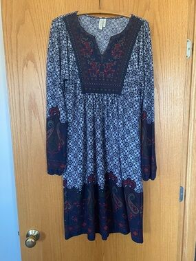 sahalie Navy Floral & Red Embroidered Long Sleeve Dress